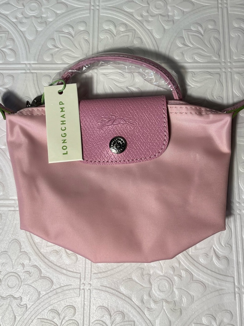 NWT Longchamp LE PLIAGE ORIGINAL POUCH WITH HANDLE Pink Tea Pink Leather Canvas - Picture 5 of 11
